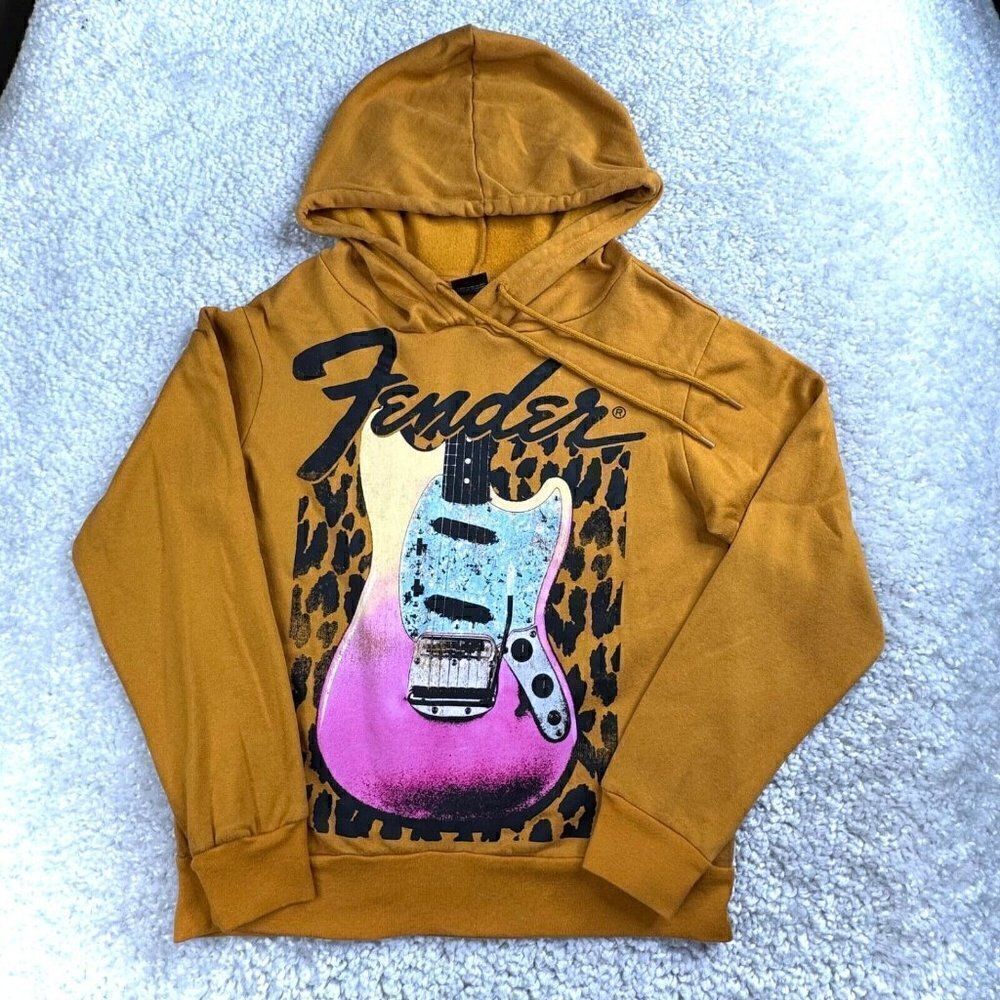 Fender Guitar Cheetah Print Sweatshirt Hoodie Mustard Yellow